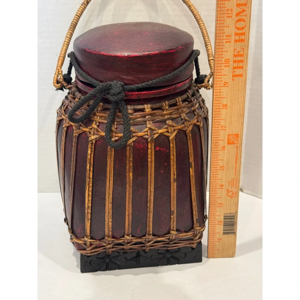 Thai Rice Basket Decorative Woven Bamboo Wood Red Black Bohemian Handcrafted